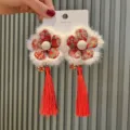Chinesischer Stil rote Blumen Plüsch Haarklammern mit langen Quasten für Festtage - Quaste Blume Paar Clips (B4-6) / Burgunderrot