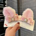 Süße rosa Plüsch Kaninchenohr Haarklammern mit Spitze und Perle Schleife für Mädchen. - Rosa Paar Clips C4-1