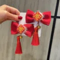 Rote chinesische Haar Schleifen Clips mit Stickerei Quasten für süße Kinder Festkleidung - Rosenrosa Fu Zeichen Clips TA3-1