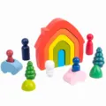 Set di gioco arcobaleno in legno con bambola Montessori e blocchi educativi colorati - Casa arcobaleno (DX)