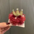 Fermaglio per capelli a corona con tulle rosso per bambine, dolce accessorio da principessa. - Oro Opaco (Stile Fermaglio)