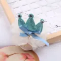 Molletta per capelli corona glitter bambina con nastro a rete e perla, accessorio grazioso. - Blu Lago (Semilavorato)