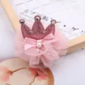 Grazioso fermaglio per capelli a corona glitterata rosa con nastro in tulle per ragazze principessa - Rosa Pallido Chiaro (Semilavorato)