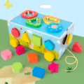 Wooden shape sorter pull along toy for kids, colorful geometric matching blocks educational toy. - MZM-Shape Matching Block Pull-Along Toy