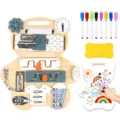 Wooden busy board Montessori sensory toy set with drawing board and colorful markers for kids. - Double-Sided Busy Board