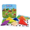 Kids wooden tangram puzzle toy set with colorful geometric blocks and storage tin box. - Tangram Style