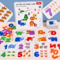 Wooden letter number matching card set, early educational alphabet spelling puzzle for kids. - Colorful