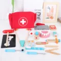 Kids wooden doctor medical set toy with toy stethoscope, syringe and dental model for play. - Medical Kit