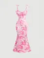 Pink floral spaghetti strap bodycon dress, elegant slim fit long dress detail view. - S / Pink