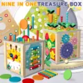 Wooden 9-in-1 multi-functional activity cube toy for kids shape matching carrot sorting - Text Style