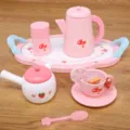 Set di giocattoli da tè pomeridiano in legno per bambini, deliziosa teiera e tazze rosa. - Set da tè rosa kbq
