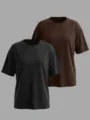 Damen lässig rundhals kurzarm einfarbig lose t-shirt zweierpack set basic tops mode - S / Oberteile / 2 Stück/Packung / Schwarz und Kaffee