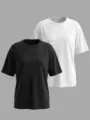 Lockerer Damen Rundhals Kurzarm Einfarbig Basic T-Shirt Zweiteiliges Set Oberteil - S / Oberteile / 2 Stück/Packung / Schwarz+Weiß