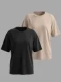 Lässiges einfarbiges Rundhals Kurzarm Oversize Basic T-Shirt Bekleidungsdetail. - S / Oberteile / 2 Stück/Packung / Schwarz + Aprikose