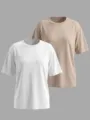 Detailansicht Damen Einfarbig Kurzarm Rundhals T-Shirt Set in Weiß und Khaki Locker. - S / Oberteile / 2 Stück/Packung / Weiß + Aprikose
