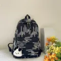 Schwarzer Rucksack mit bunter Wellenstickerei und süßem Hund Plüschanhänger Variante. - Ohne Anhänger / Schwarz / L