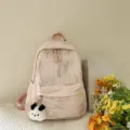 Rosa süßer Rucksack für Mädchen mit buntem Webmuster und einem schönen Plüschanhänger. - Ohne Anhänger / Rosa / L