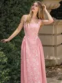 Outdoor garden detail view of elegant pink sleeveless dress with white floral embroidery. - S / Dresses / Pink