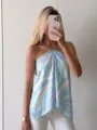 Blaues bedrucktes Halfter-Oberteil fuer Damen Sommer sexy rueckenfreies Seiden-Top - S / Oberteile / Himmelblau