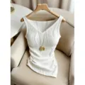 White ribbed V-neck camisole for women, slim fit sleeveless basic tank top inner wear. - S / Tops / White