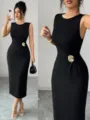 Elegant sleeveless round neck solid color midi dress with chic gold waist buckle detail. - S / Dresses / Black