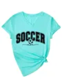 Femme Col V Manches Courtes T-Shirt Soccer Mom Graphique Top avec Ourlet Noué Chic - S / Hauts / Bleu Eau Profonde