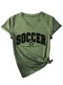 T-shirt graphique vert col V maman de foot avec ourlet noué pour femmes quotidien. - S / Hauts / Vert olive