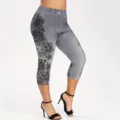Grey floral lace print denim effect cropped leggings detailed close-up shot for women. - S / Gray