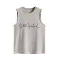 Close-up detail of women grey sleeveless tank top featuring cute minimalist cat line art print. - S / Tops / Light Gray