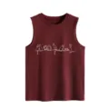 Detailed view of the maroon women's sleeveless tank top featuring charming cat line art print. - S / Tops / Burgundy