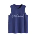 Detail view of the dark blue womens sleeveless tank top featuring cute white line cats print. - S / Tops / Vintage Blue