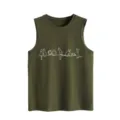 Army green women's summer casual sleeveless tank top with cute white continuous line cat print. - S / Tops / Army Green