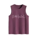 Detailed view of the cute one-line art cat graphic print on the purple summer tank top. - S / Tops / Fuschia