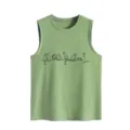 Women Summer Casual Loose Sleeveless Tank Top Cute Cat Line Art Print Green Pullover Vest - S / Tops / Olive Green