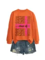 Lässiges Damen Orange Sweatshirt Senior 2027 Abschluss Print Langarmshirt mit Jeansshorts - S / Oberteile / Orange (Schwarze Buchstaben)