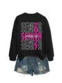 Damen lässiges schwarzes Sweatshirt kombiniert mit Jeansshorts für Abschlussklasse 2027 - S / Oberteile / Schwarz (Weiße Buchstaben)