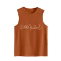 Detail shot of women's sleeveless tank top featuring a cute white minimalist line art cat print. - S / Tops / Burnt Orange