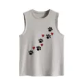 Detailed view of the cute paw print and heart pattern on the gray casual summer women's tank top. - S / Tops / Light Gray