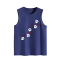 Women's casual summer blue tank top featuring cute white paw prints and red heart graphic detail. - Vintage Blue