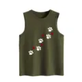 Women casual loose green tank top with white paw prints and red hearts for summer. - Army Green