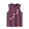 Detailed view of casual women purple sleeveless tank top featuring cute animal paw and heart prints. - Fuschia