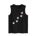 Detailed view of women's black tank top featuring cute white paw prints and red heart patterns. - S / Tops / Black