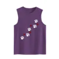 Detail view of women summer purple tank top featuring cute white paw and red heart prints. - Purple