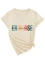 Detail view of casual V-neck women t-shirt with colorful chest text and stylish side knot hem. - S / Tops / Sand