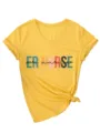 Women yellow V-neck short sleeve T-shirt casual graphic tee with knot hem ER NURSE print. - S / Tops / Yellow