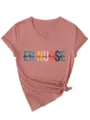 Detailed close-up of women's V-neck short sleeve graphic t-shirt with cute pink color and knot. - S / Tops / Rose Gold (Black Pattern)
