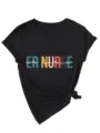 Women black V-neck short sleeve T-shirt with stylish knot hem and ER nurse graphic print. - S / Tops / Black
