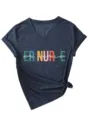 Women's V-Neck Short Sleeve T-Shirt Casual Tee with Knot Front ER Nurse Letter Print - S / Tops / Navy Blue