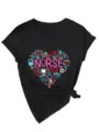 Damen Schwarz V-Ausschnitt Kurzarm T-Shirt Süsste Krankenschwester Herz Grafik Lässiges Top - S / Top (3812) / Schwarz