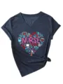 Damen V-Ausschnitt Kurzarm T-Shirt Medizinische Herz Druck Casual Sommer Tops - S / Oberteile / Marineblau